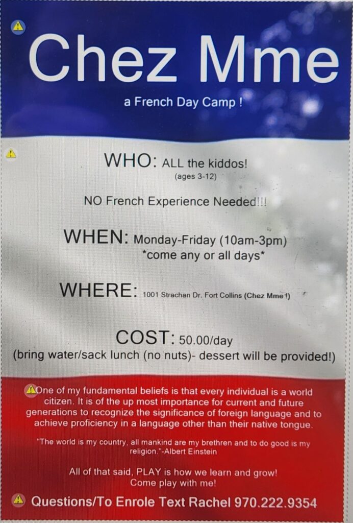 flyer for Chez Mmme, a French Day Camp for kids in Fort Collins