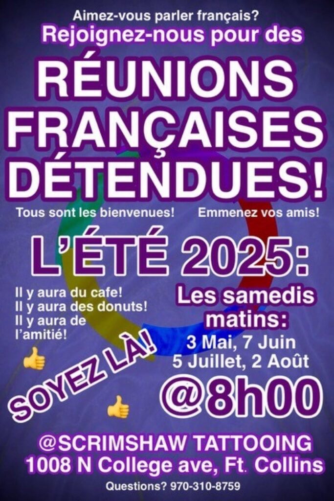 Flyer for relaxed French conversation meetings at Scrimshaw Tattooing in Fort Collins during summer 2025.